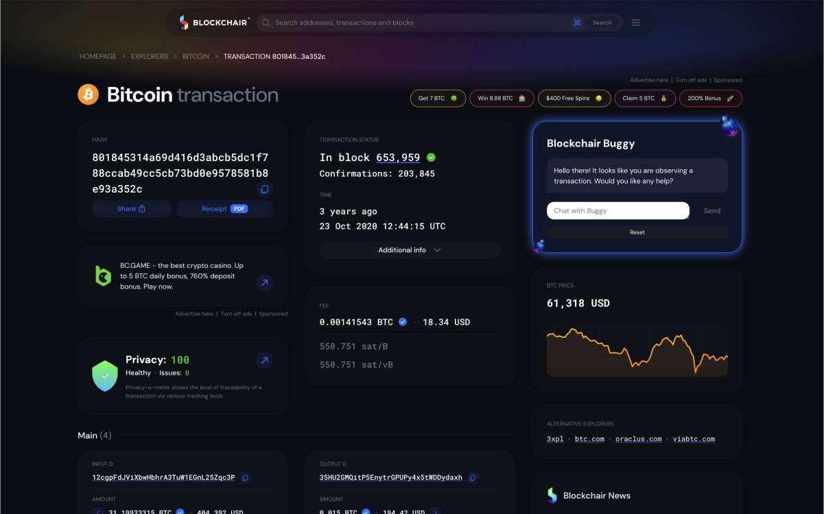 Parte de uma página de transação no site do Blockchair