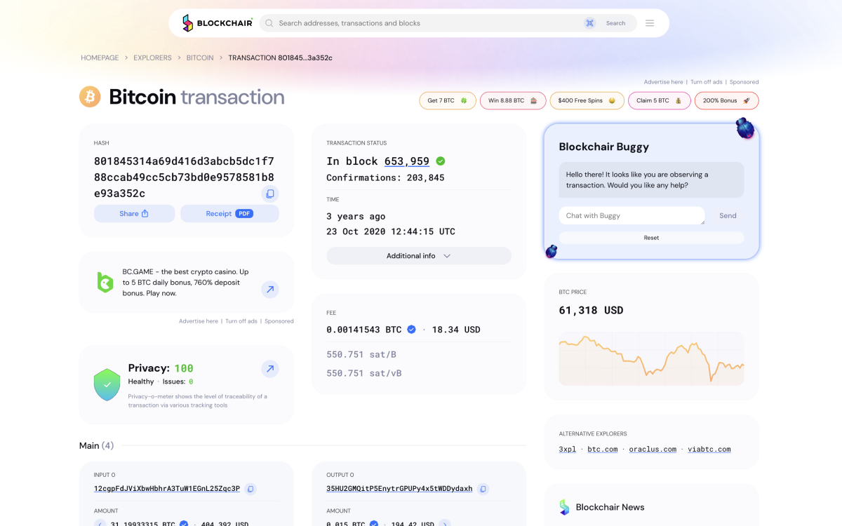 Parte de uma página de transação no site do Blockchair