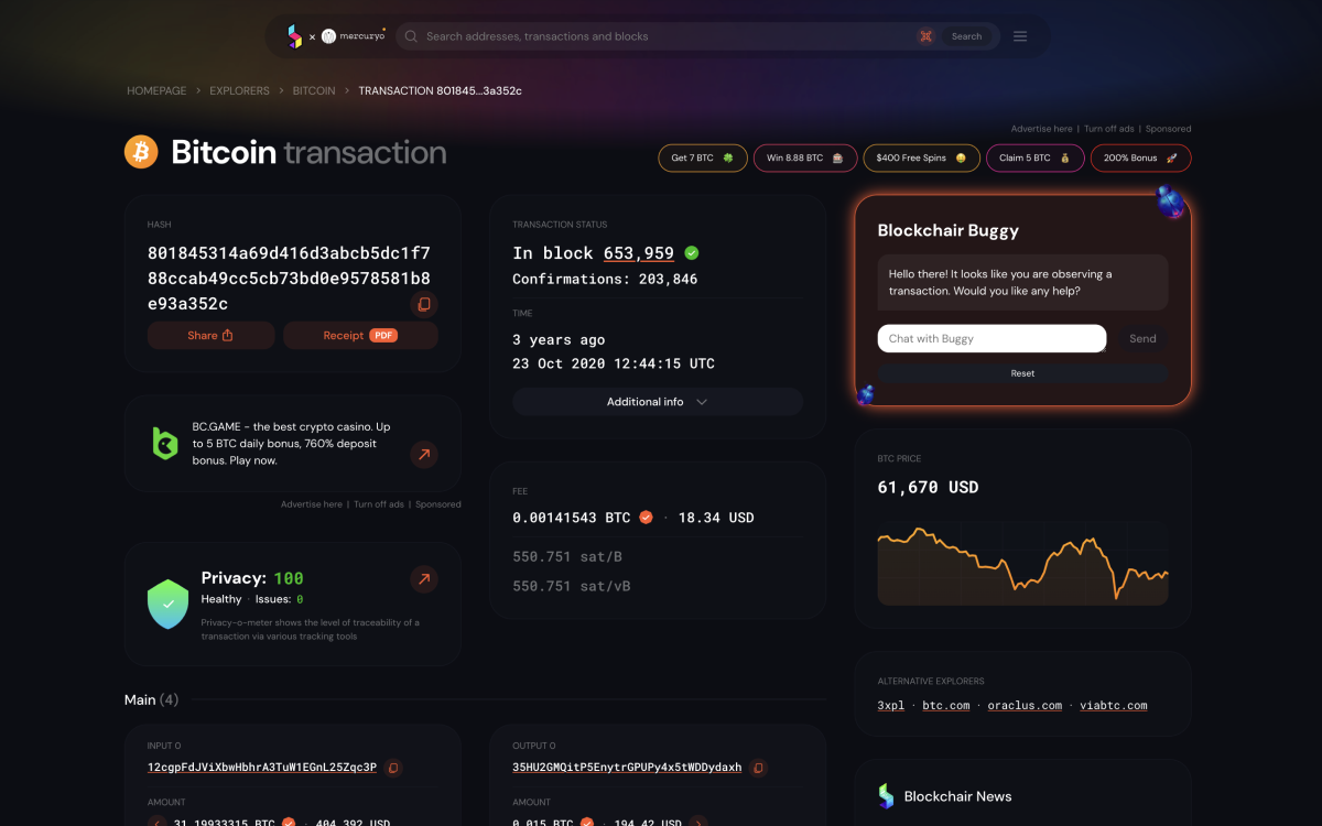 Parte de uma página de transação no site do Blockchair como visto em explorador co-branded