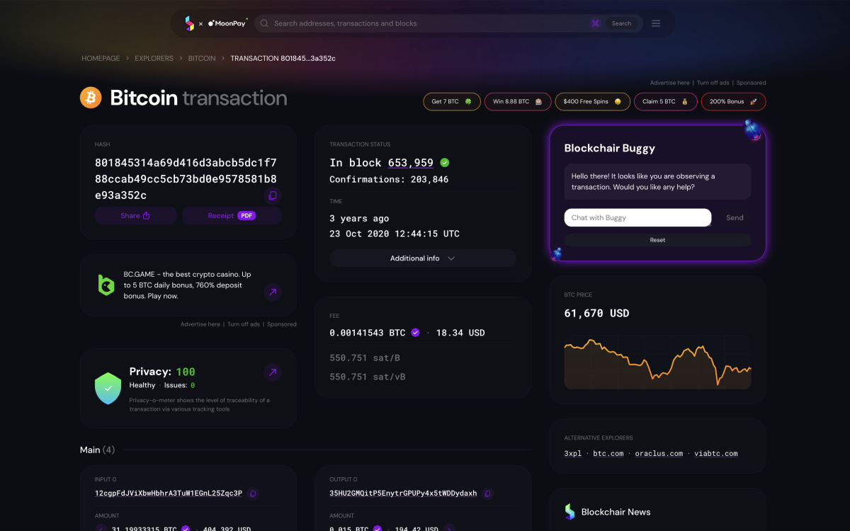 Parte de uma página de transação no site do Blockchair como visto em explorador co-branded